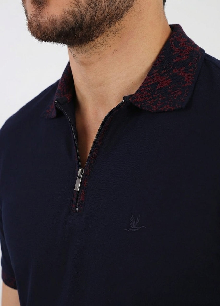  BRANGO international menswear premium deep navy blue zip polo shirt with crimson jacquard collar detailing made in Türkiye.