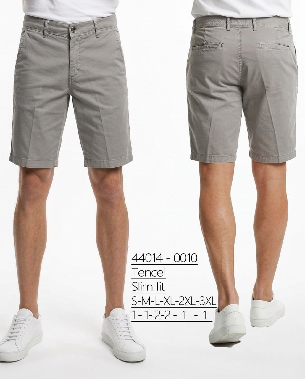 Man wearing Brango grey Tencel chino shorts made in Turkey, front and back view