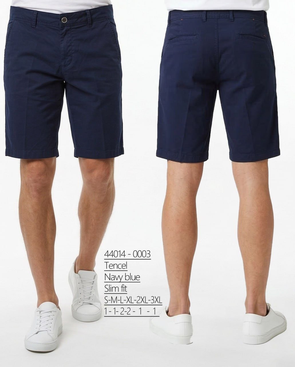 Man wearing Brango navy blue Tencel chino shorts made in Turkey, front and back view