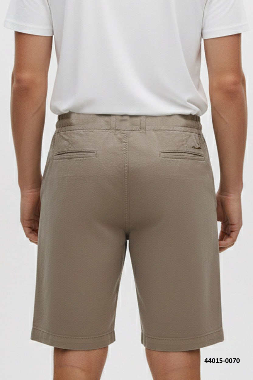 Man wearing Brango khaki cotton drawstring shorts made in Turkey, front view