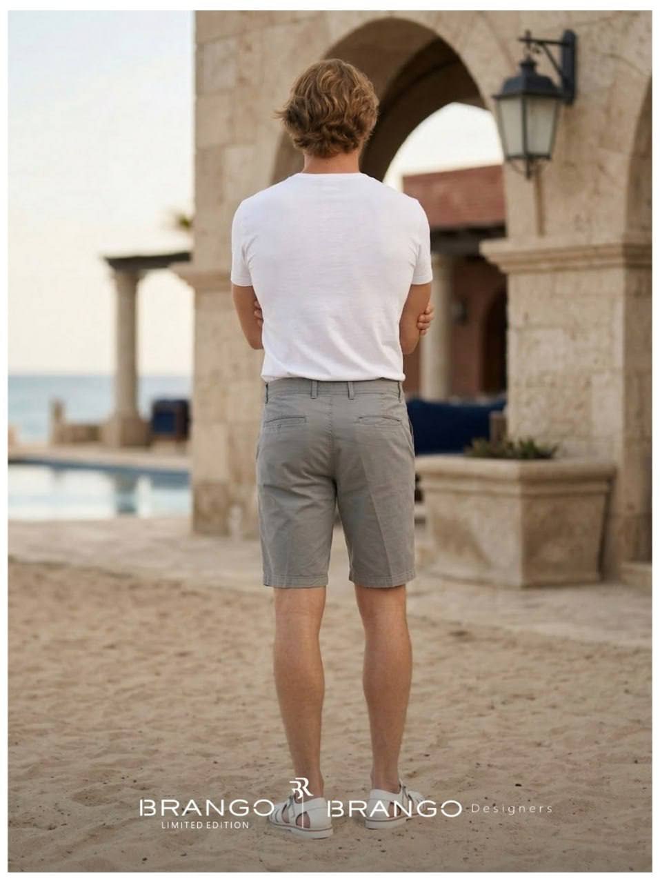 Man wearing Brango grey Tencel chino shorts made in Turkey, front and back view