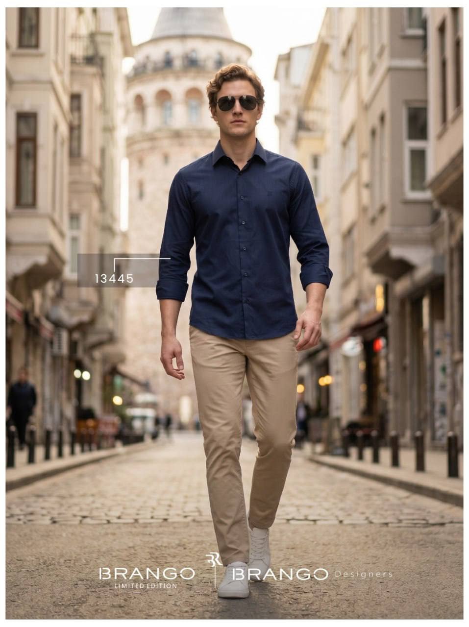 
BRANGO international menswear executive royal navy long sleeve full button-down knit shirt made in Türkiye.