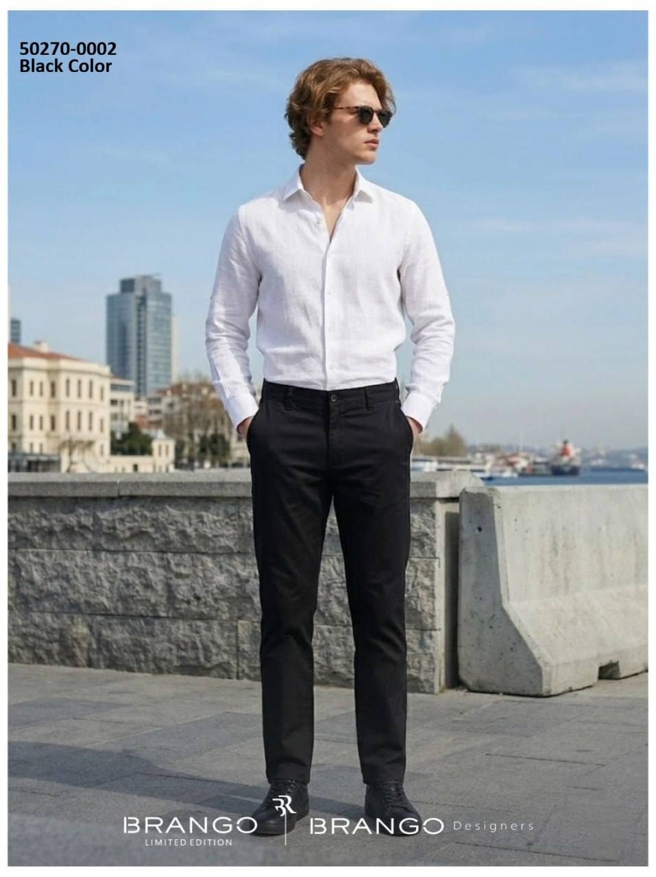 
BRANGO international menswear premium stark white long sleeve button-down casual shirt made in Türkiye.