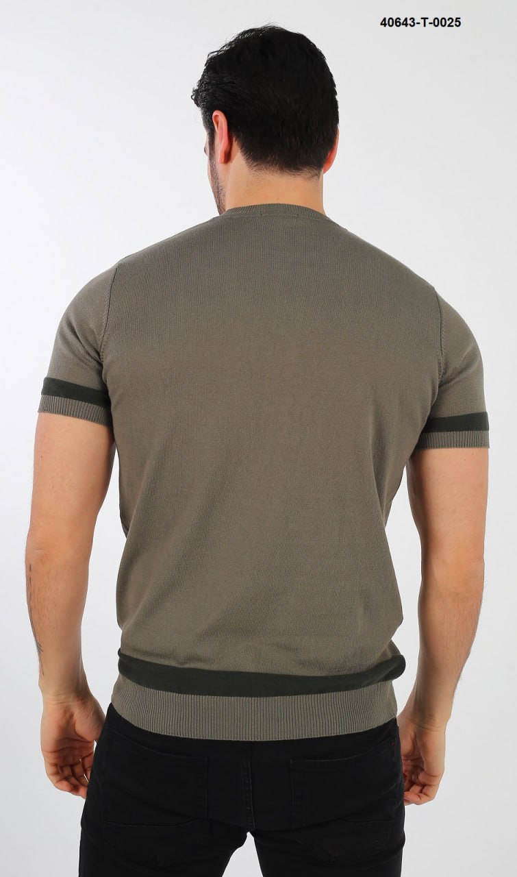 BRANGO international menswear executive olive green short sleeve fine knit crewneck tee shirt with contrast band details, front view.