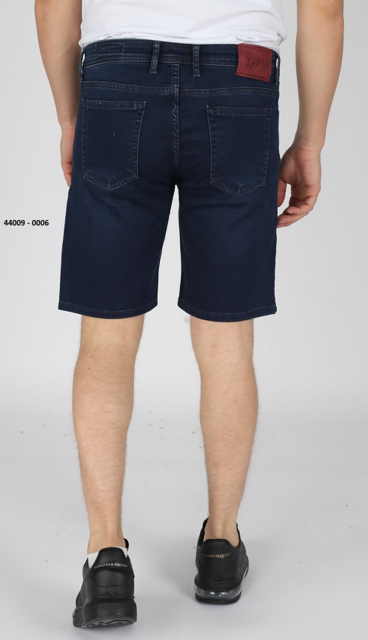 Man wearing Brango navy stretch denim shorts made in Turkey, 5-pocket design, front view