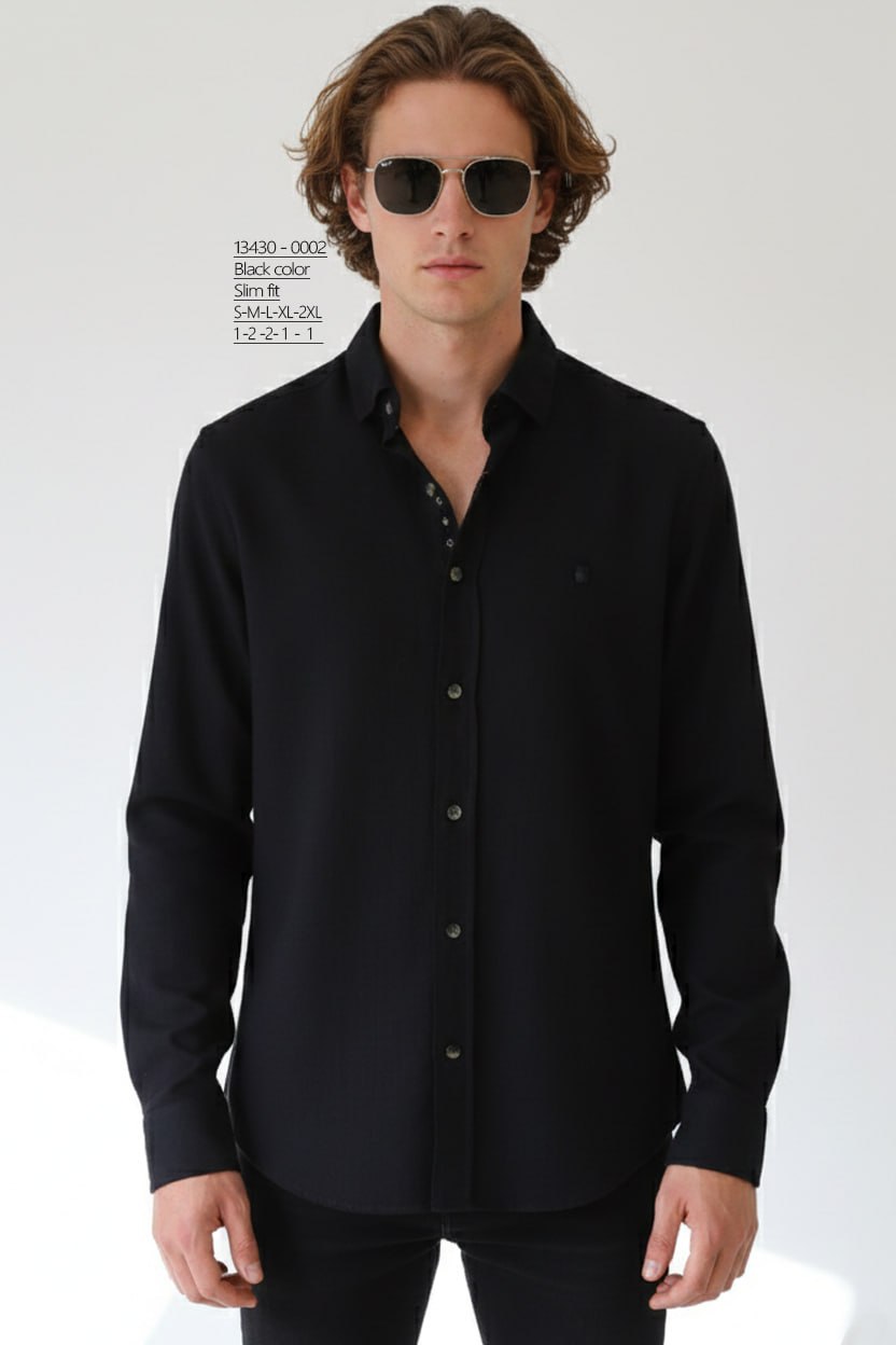  BRANGO international menswear executive onyx black long sleeve cross-hatch textured shirt made in Türkiye