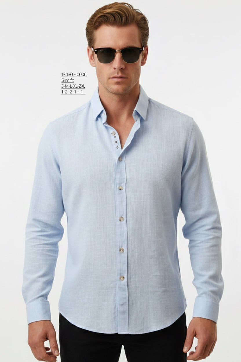 
​ BRANGO international menswear executive sky blue long sleeve cross-hatch textured shirt made in Türkiye