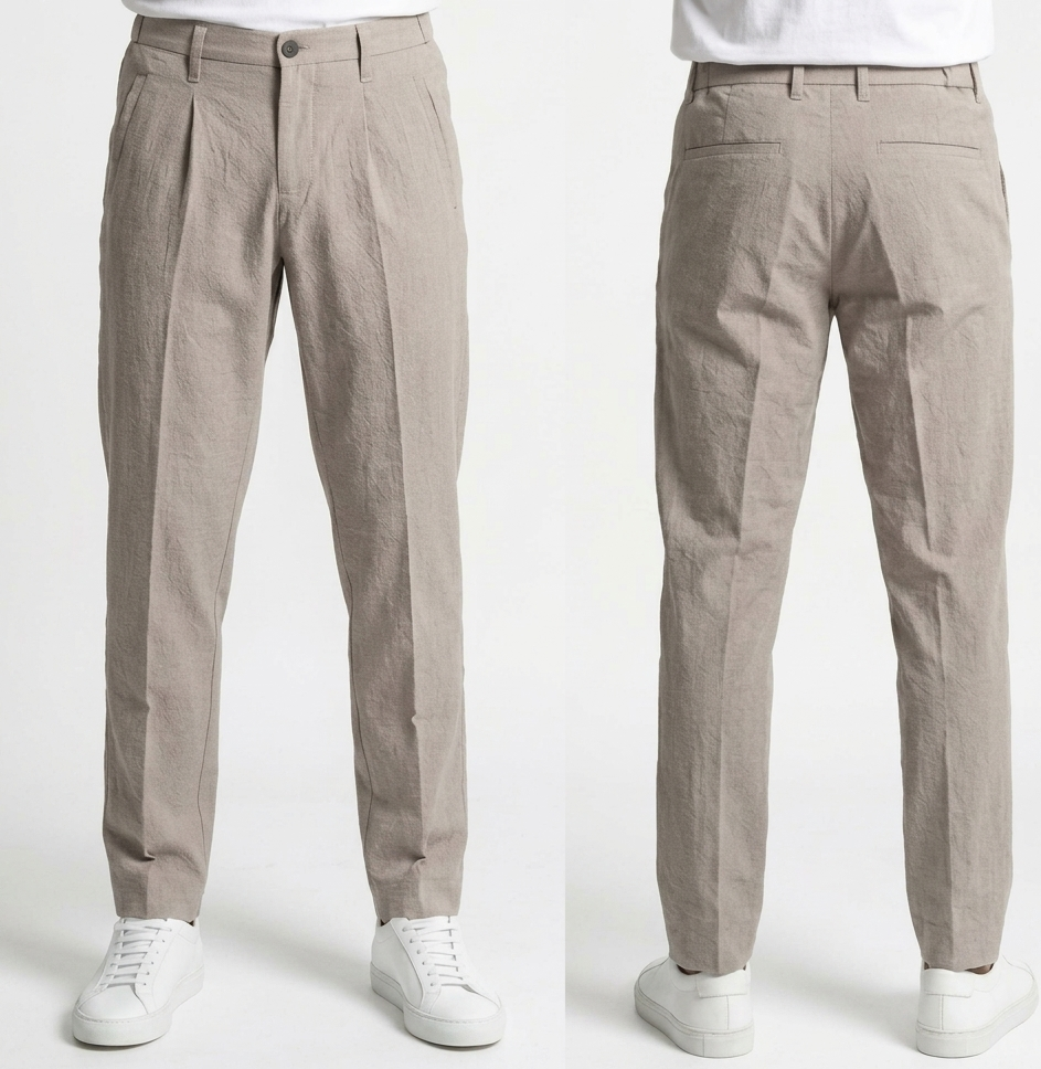BRANGO international menswear executive sand beige pleated smart trousers in a luxury linen-cotton blend, front and back view.