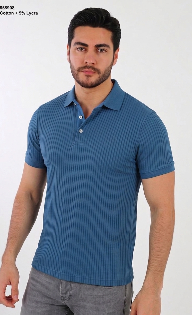 

BRANGO international menswear premium Aegean teal vertical ribbed button polo shirt lookbook shots made in Türkiye.