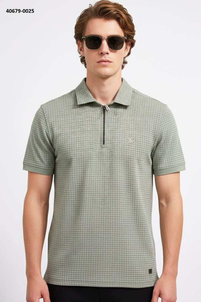  BRANGO premium men's western wear Aegean teal vertical ribbed polo shirt styled with gray chinos on a city street.
