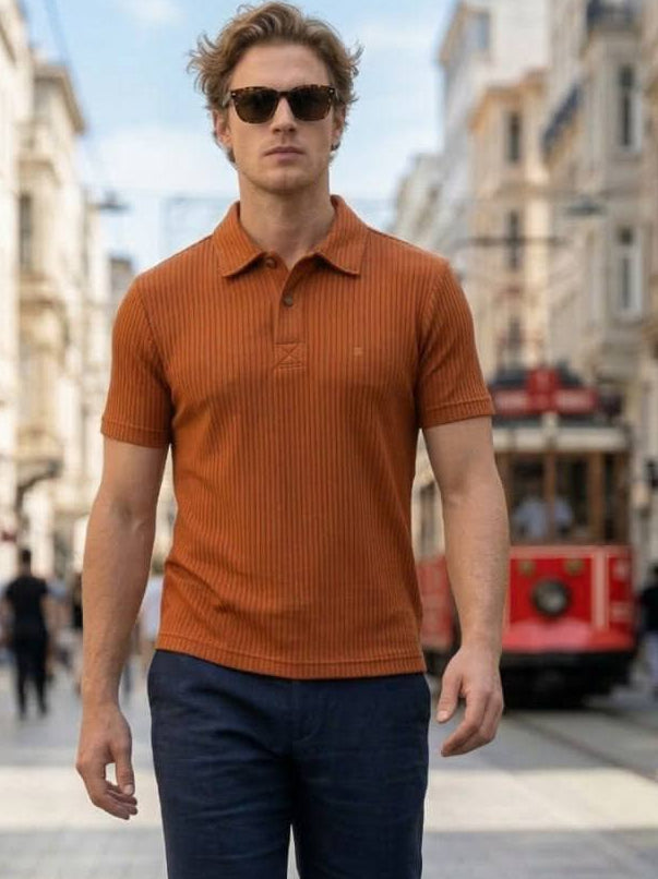 
BRANGO international menswear premium amber tan vertical ribbed button polo shirt made in Türkiye.
