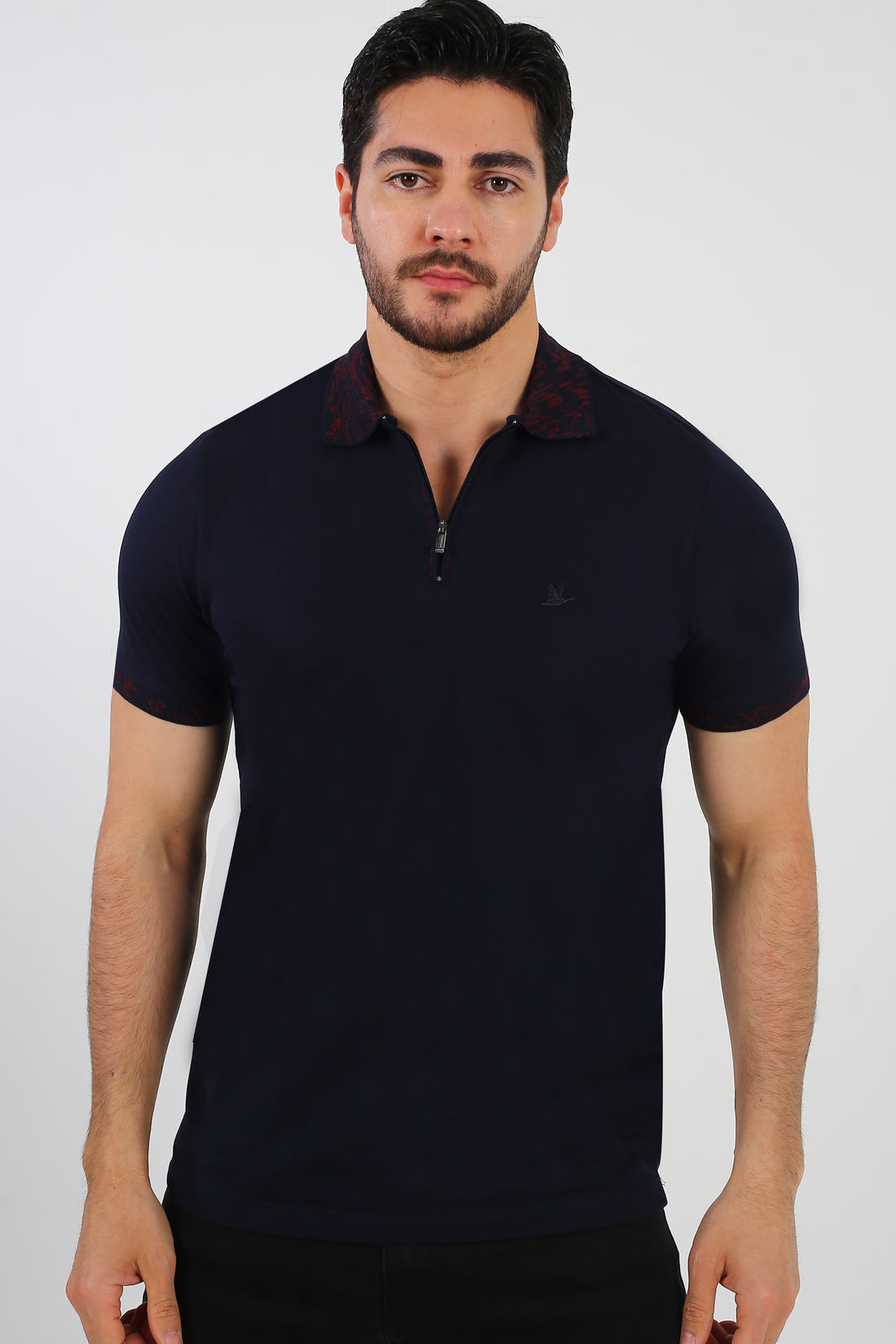 BRANGO international menswear premium deep navy blue zip polo shirt with crimson jacquard collar detailing made in Türkiye.