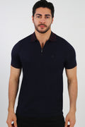  BRANGO international menswear premium deep navy blue zip polo shirt with crimson jacquard collar detailing made in Türkiye.