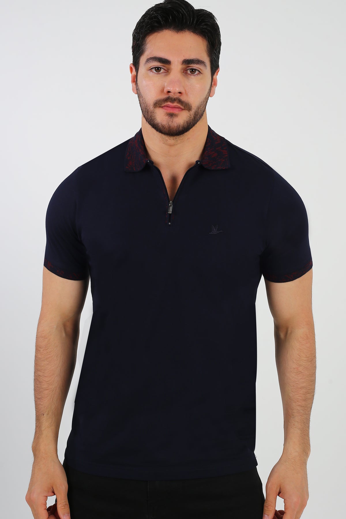  BRANGO international menswear premium deep navy blue zip polo shirt with crimson jacquard collar detailing made in Türkiye.