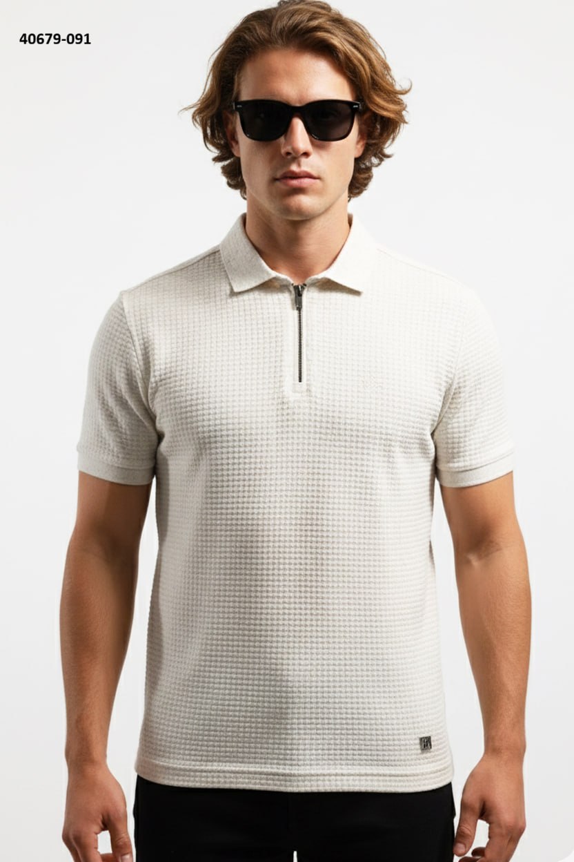 
BRANGO international menswear premium off-white waffle-knit zip polo shirt made in Türkiye