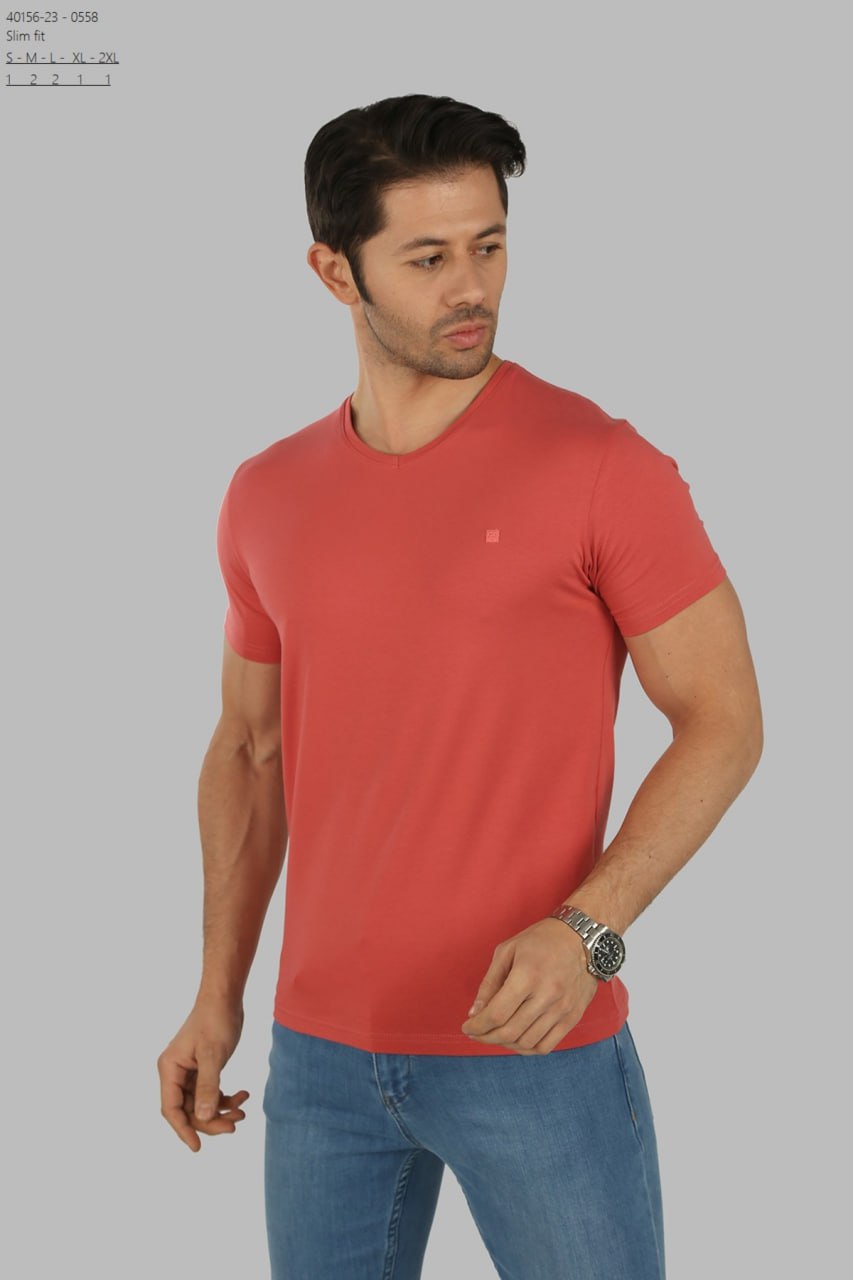Brango Essential slim fit V-neck T-shirt in coral red — made in Turkey