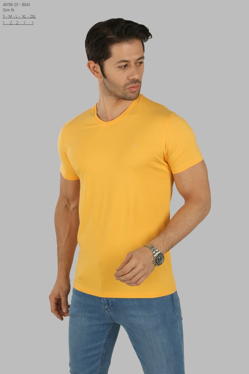 Brango Essential slim fit V-neck T-shirt in mustard yellow, worn by male model, made in Turkey 