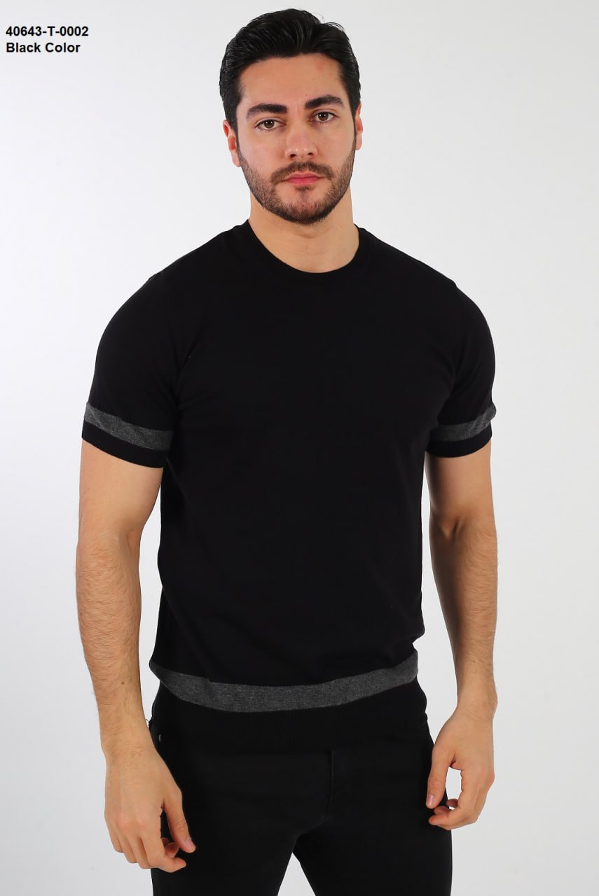 BRANGO international menswear executive onyx black short sleeve fine knit crewneck tee shirt with charcoal contrast band details, back view