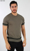 BRANGO international menswear executive olive green short sleeve fine knit crewneck tee shirt with contrast band details, front view.