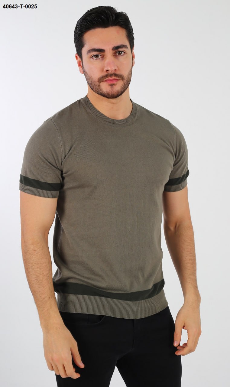 BRANGO international menswear executive olive green short sleeve fine knit crewneck tee shirt with contrast band details, front view.