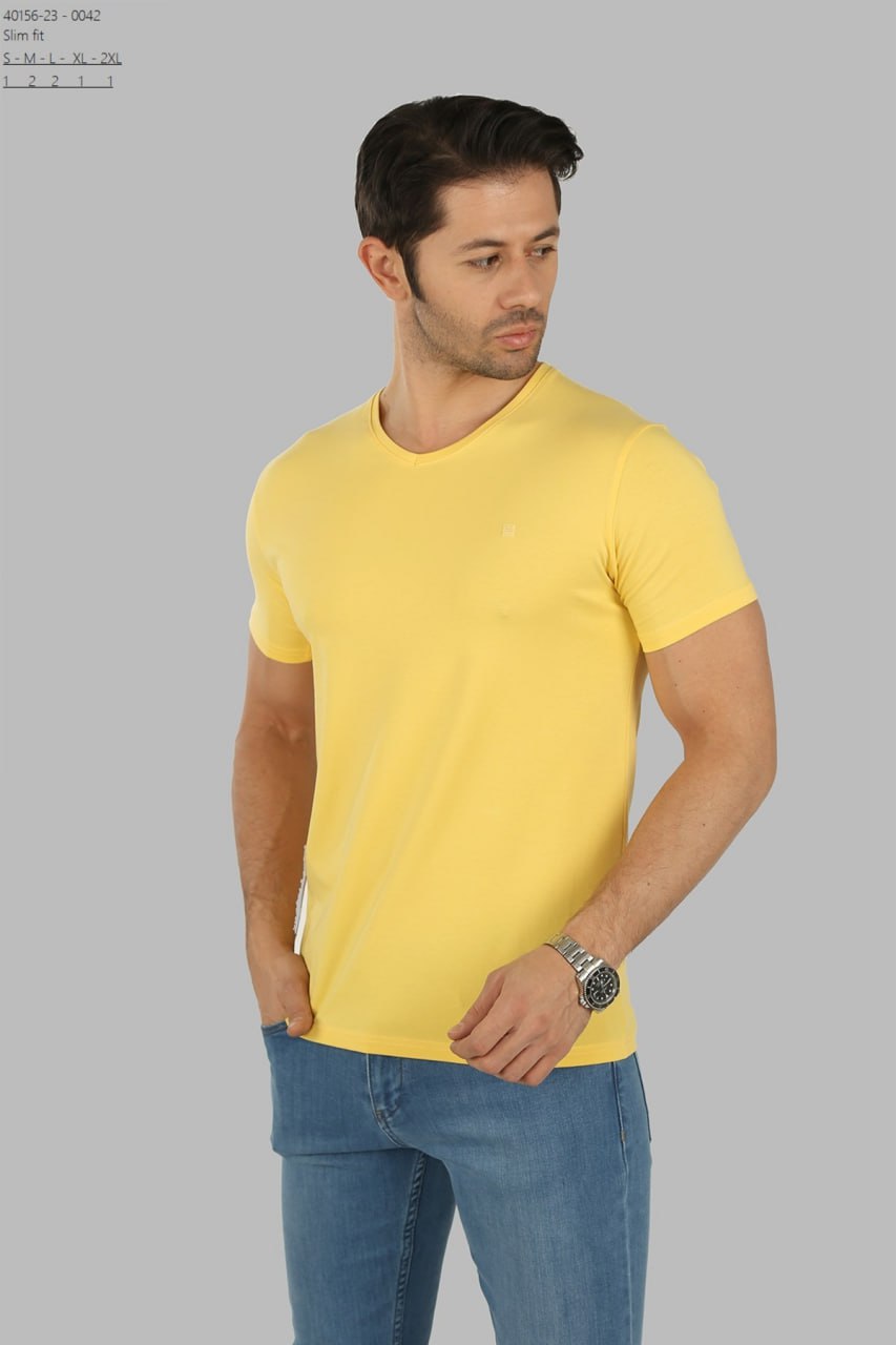 BRANGO international menswear executive pastel yellow short sleeve premium cotton crewneck tee shirt, front view.
