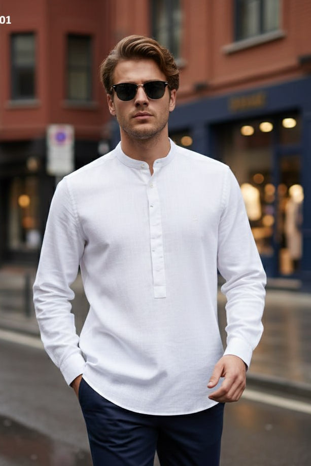 BRANGO international menswear executive white long sleeve band collar shirt made in Türkiye.