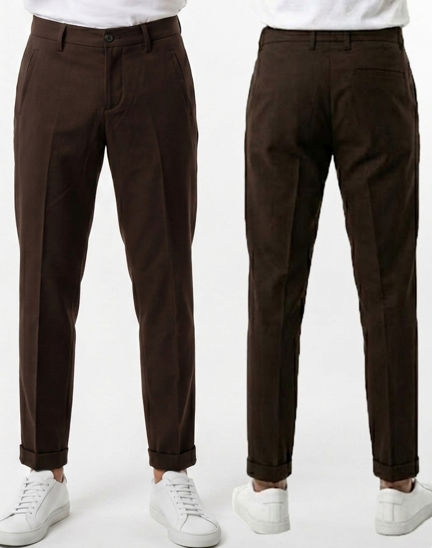 BRANGO international menswear executive espresso coffee brown pleated tailored trousers with cuffed hems, front and back view.