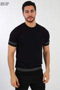 .
BRANGO international menswear premium jet black knit crewneck shirt with charcoal accent bands made in Türkiye.
