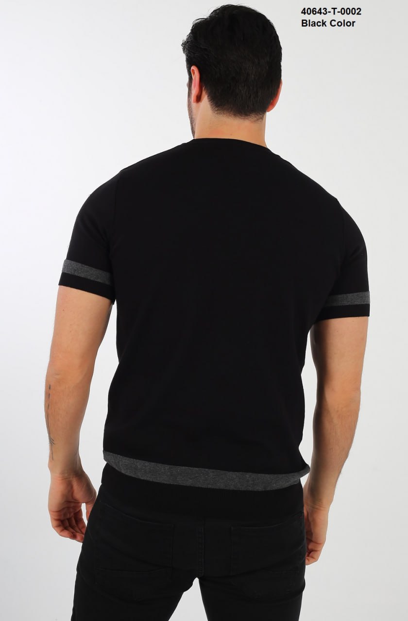 BRANGO international menswear premium jet black knit crewneck shirt with charcoal accent bands made in Türkiye