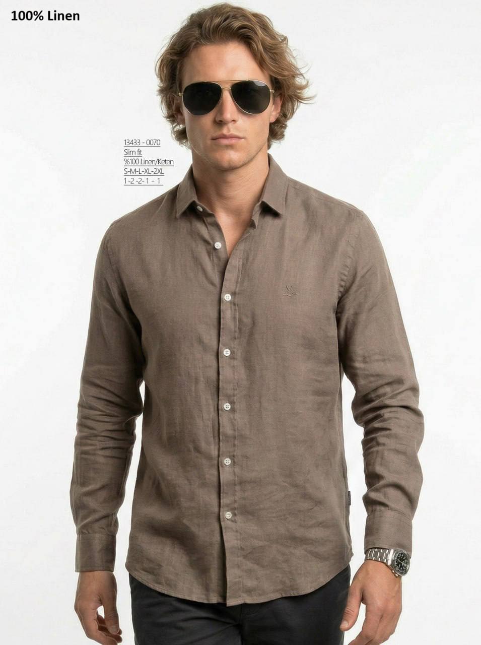 
BRANGO international menswear premium earth taupe 100% pure linen long sleeve shirt made in Türkiye.