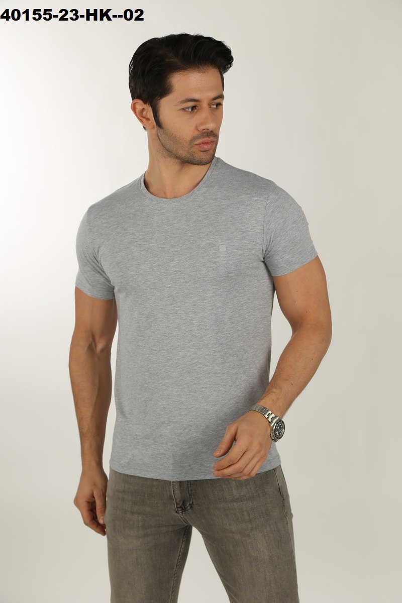  Male model wearing a fitted Abrango premium heather grey crewneck t-shirt paired with grey denim.