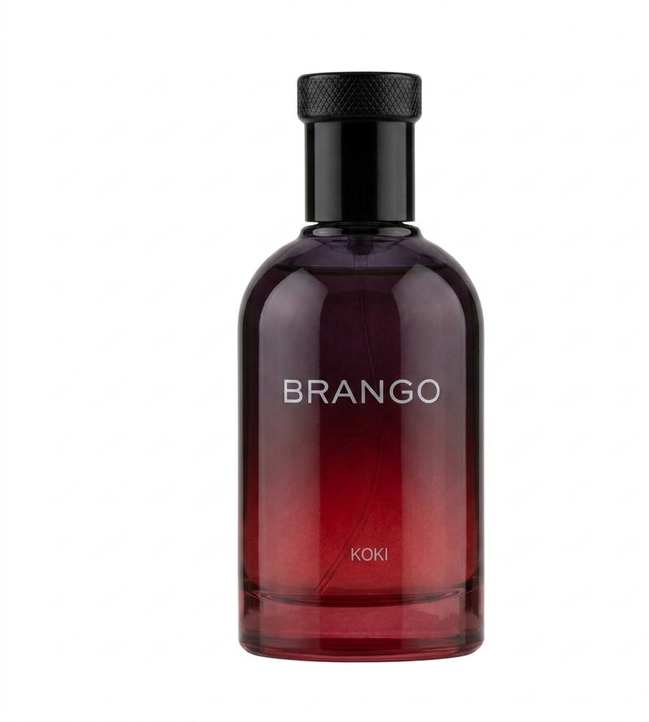 Elegant front view of the premium Brango Original Turkish Elixir perfume bottle in Koki Oud Intense edition.