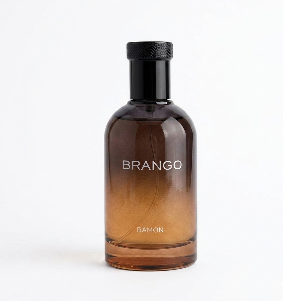  Elegant front view of the premium Brango Original Turkish Elixir luxury perfume bottle in the Ramon Leather Spice edition. 