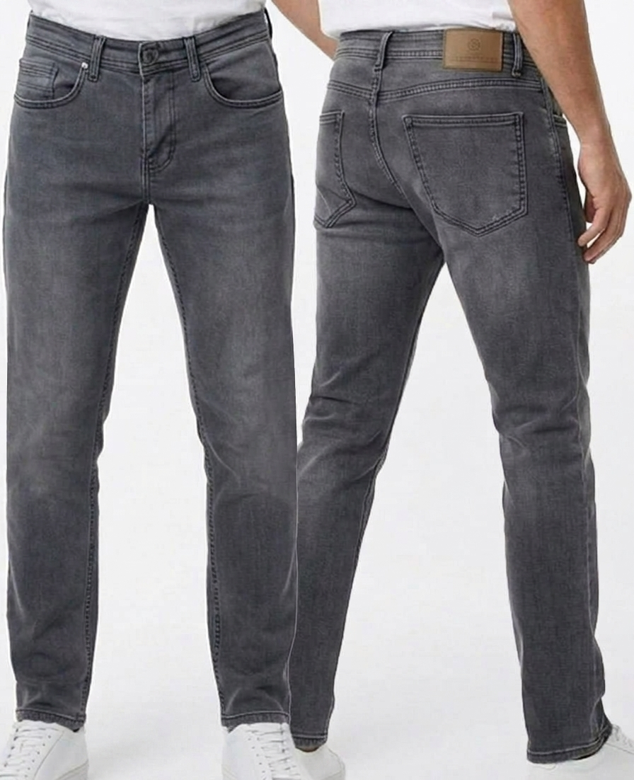 BRANGO international menswear executive charcoal grey flexible stretch denim jeans in a pro comfort slim-straight fit, front and back view.