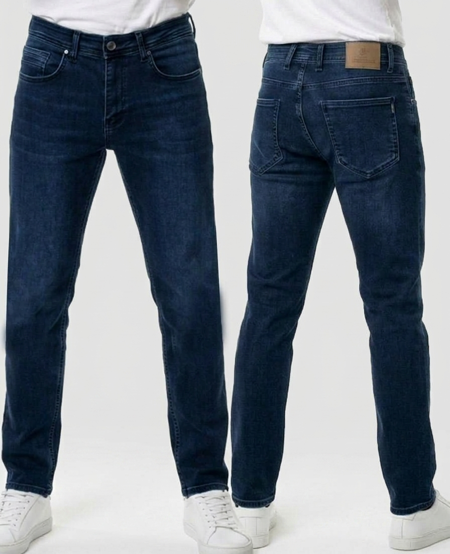  BRANGO international menswear executive deep dark blue flexible stretch denim jeans in a pro comfort slim-straight fit, front and back view.