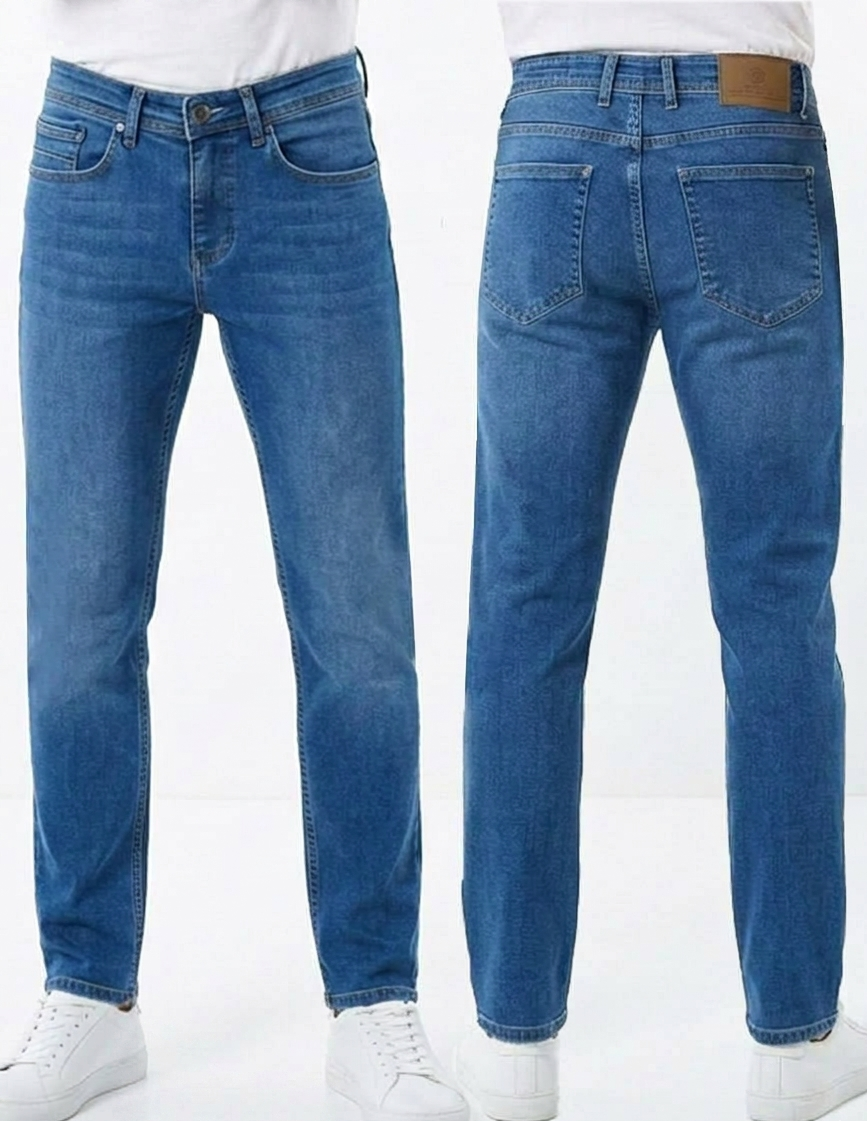 BRANGO international menswear executive mid-wash blue flexible stretch denim jeans in a pro comfort slim-straight fit, front and back view.
