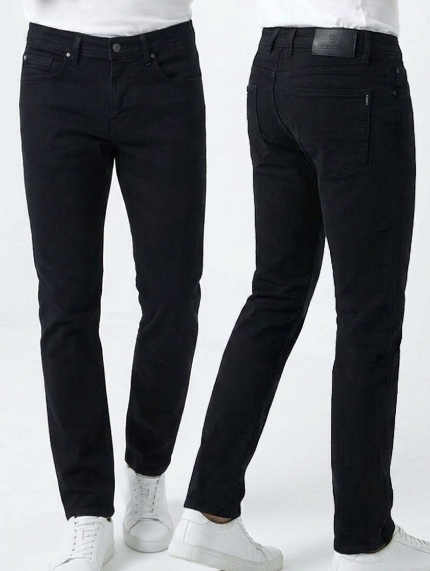 BRANGO international menswear executive pitch black flexible stretch denim jeans in a pro comfort slim-straight fit, front and back view.