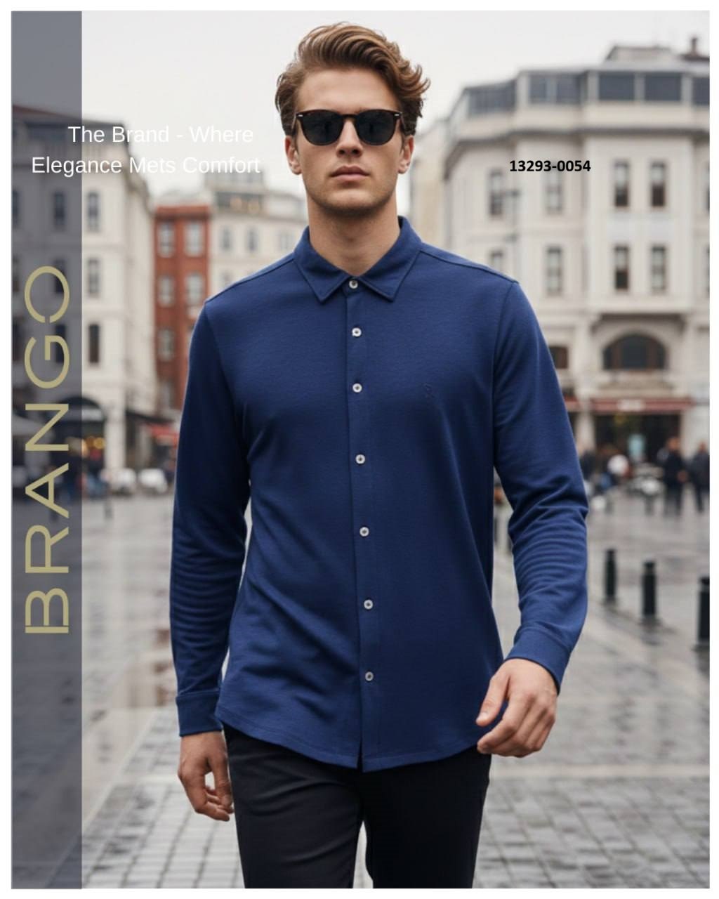 
BRANGO international menswear executive royal navy long sleeve full button-down knit shirt made in Türkiye.