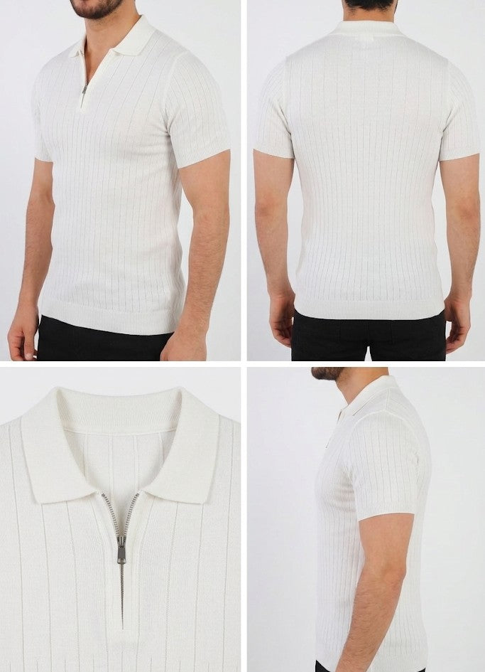 
Premium men's off-white ribbed zip polo shirt in a high-gauge smart casual luxury knit.
