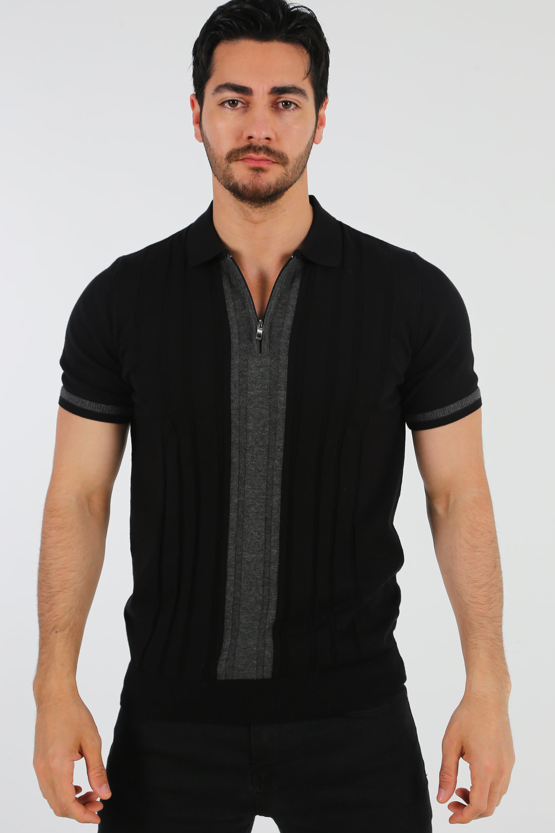 
International menswear brand premium onyx black and charcoal panel zip polo shirt made in Türkiye.