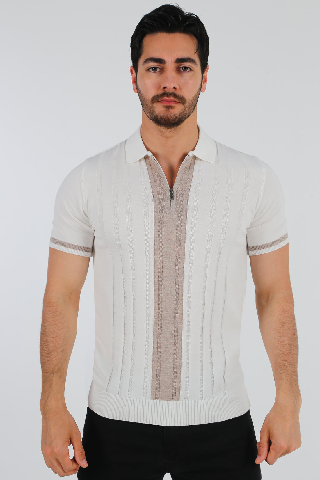 Premium Turkish apparel men's panel zip polo shirt in off-white and beige vertical rib knit.