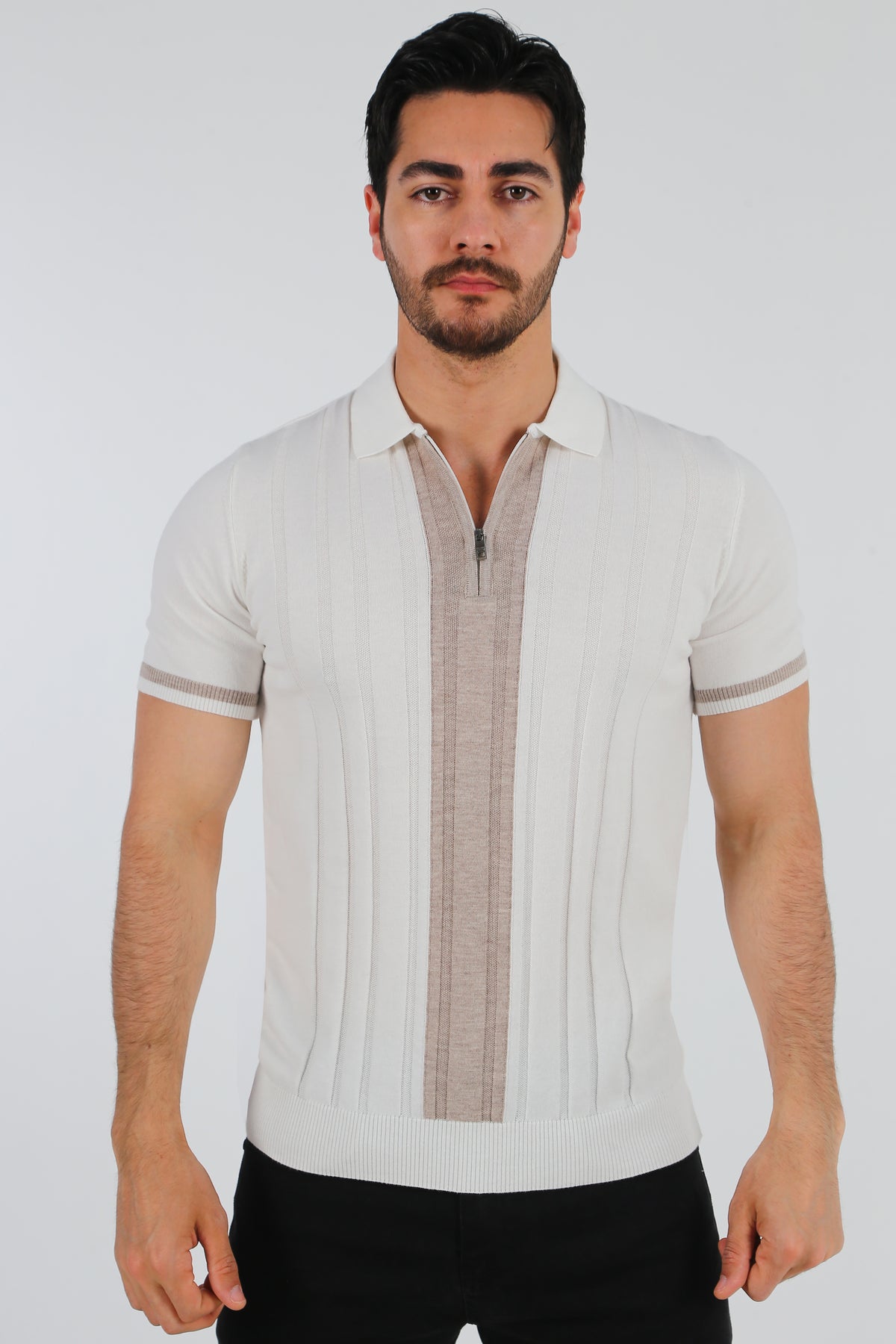 Premium Turkish apparel men's panel zip polo shirt in off-white and beige vertical rib knit.