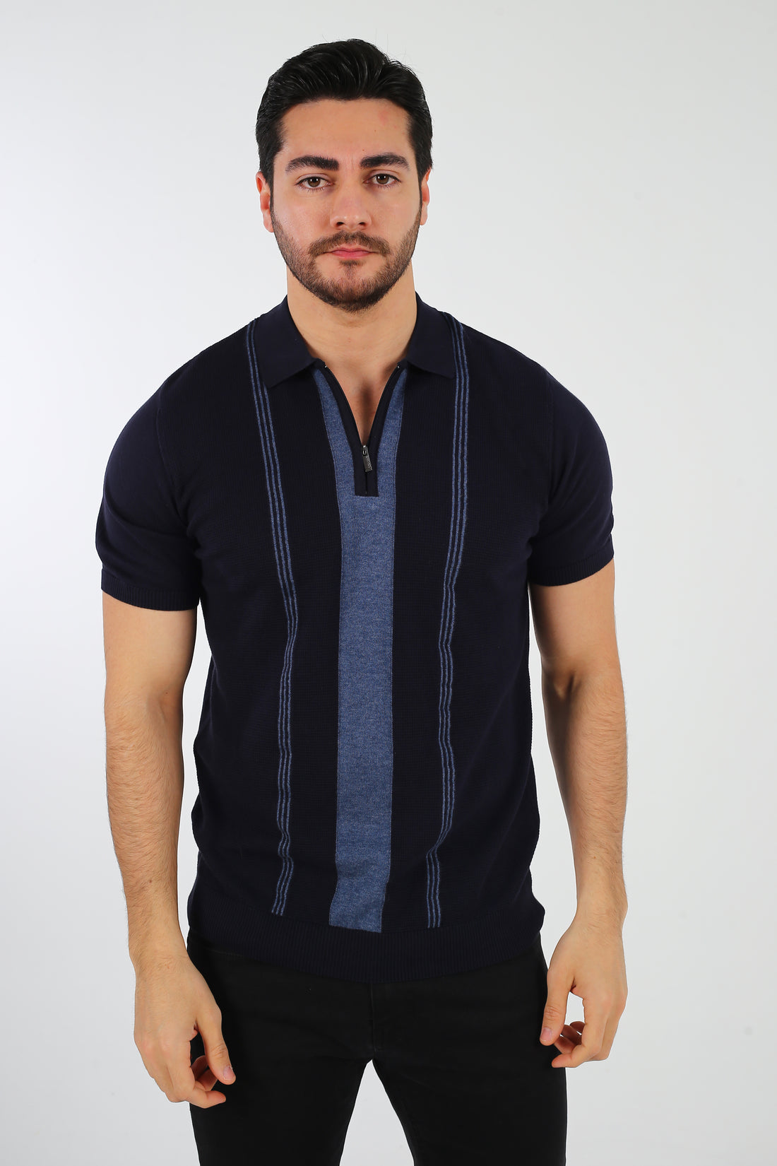 International menswear brand premium navy blue and steel blue panel zip polo shirt made in Türkiye