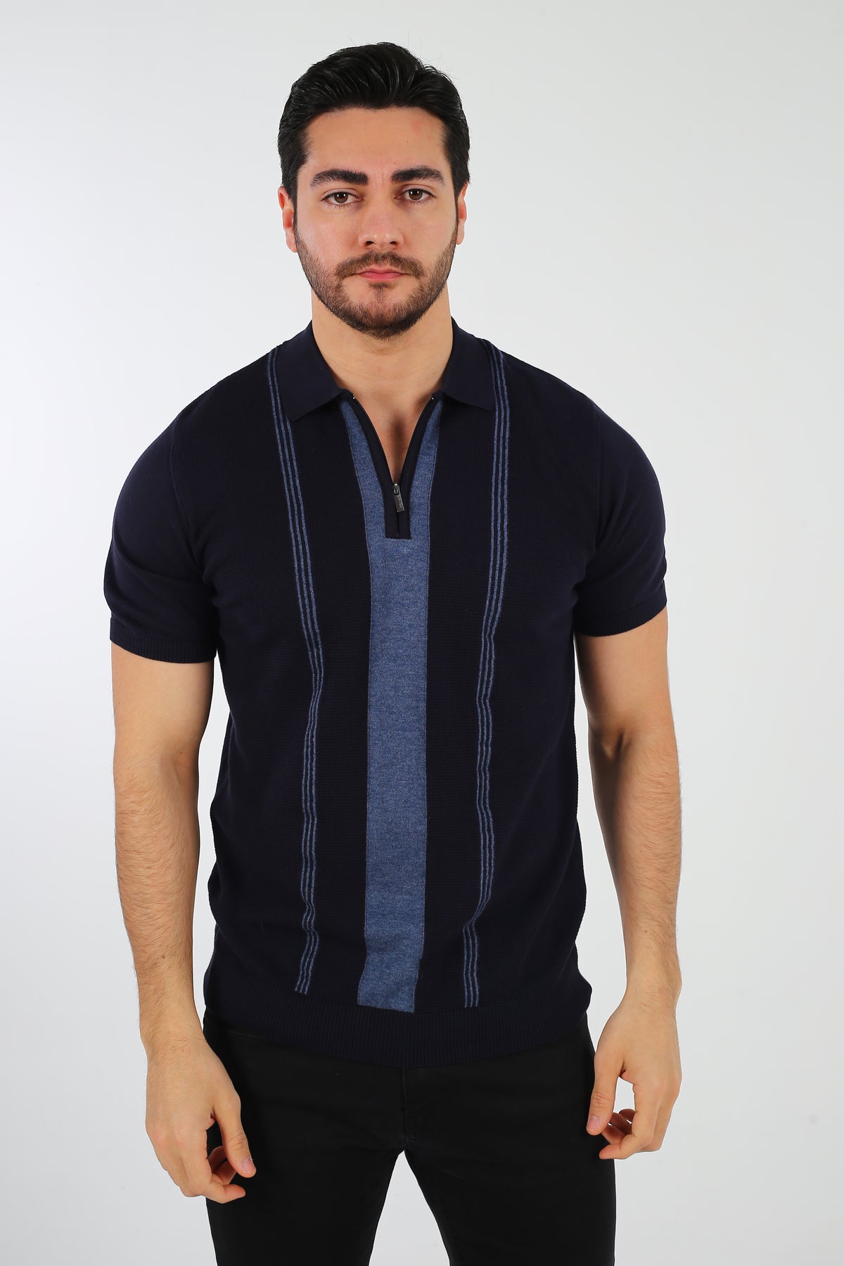 International menswear brand premium navy blue and steel blue panel zip polo shirt made in Türkiye