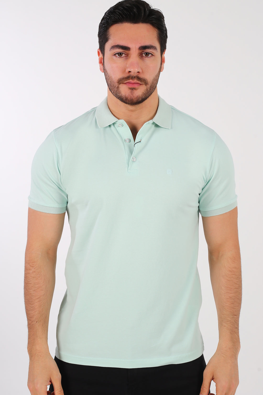 Premium Turkish apparel men's aqua green pique polo shirt with a sharp, tailored athletic drape.