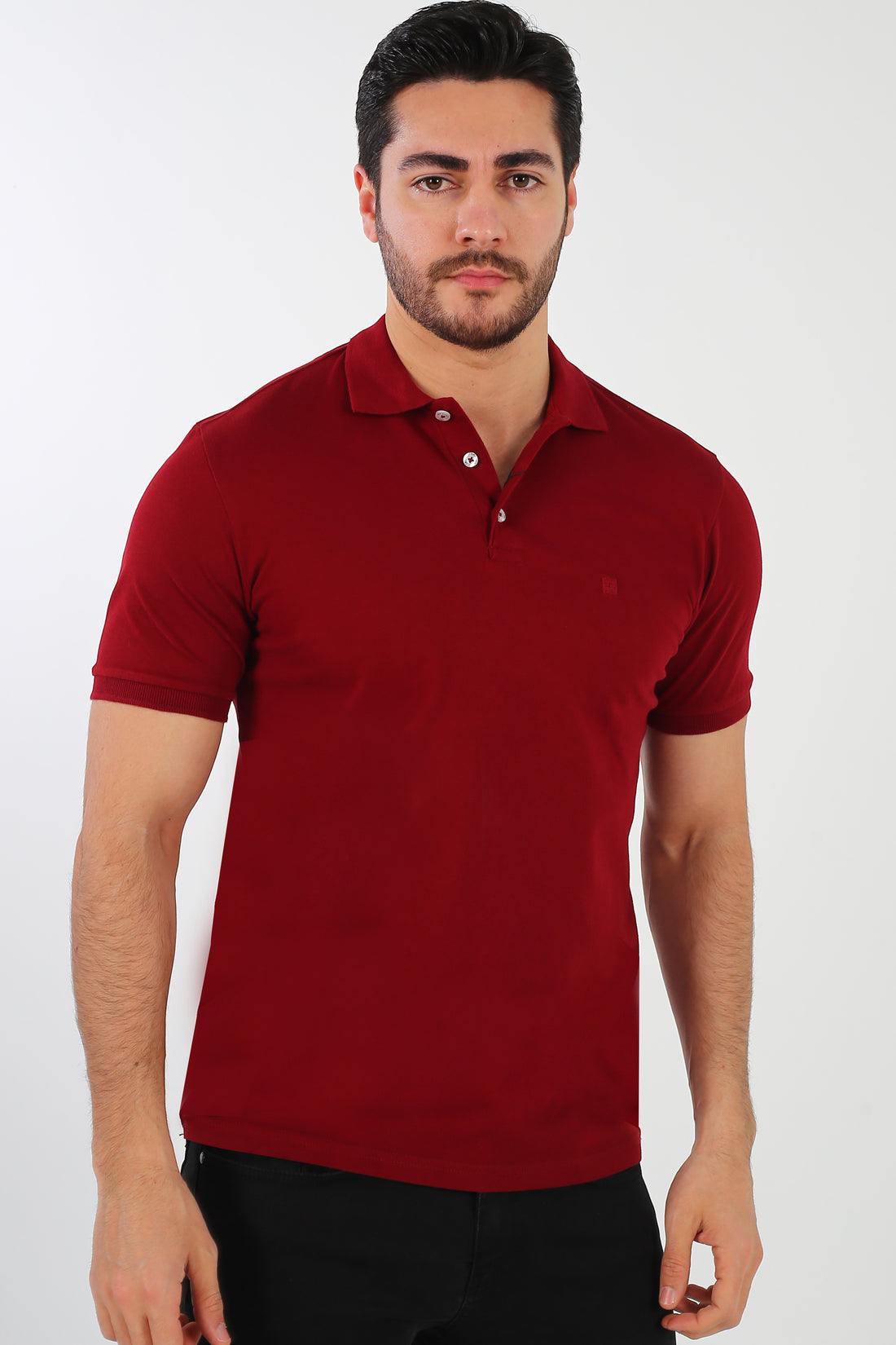 
Luxury menswear deep maroon pique polo shirt in a structured, breathable luxury Turkish weave.