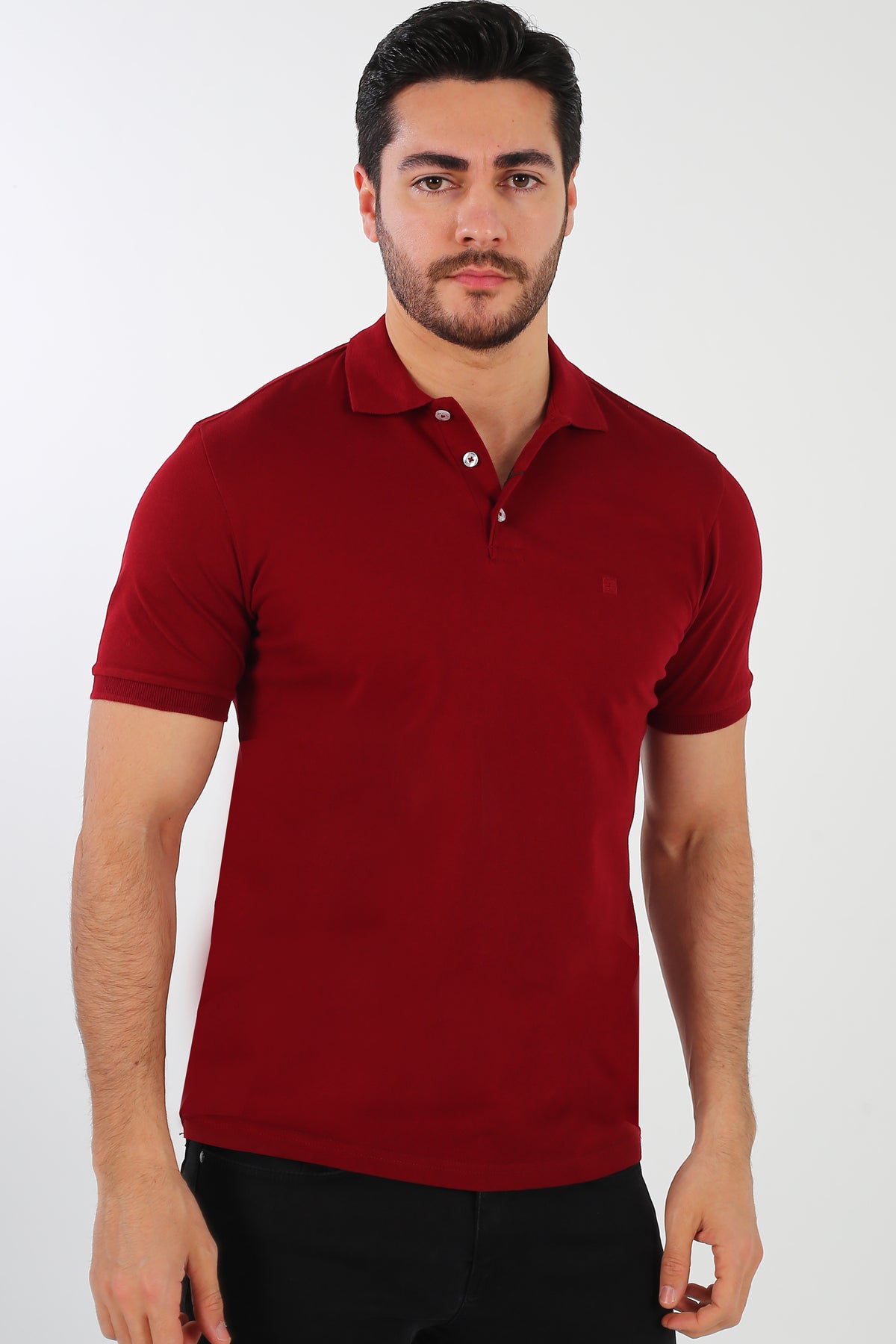 
Luxury menswear deep maroon pique polo shirt in a structured, breathable luxury Turkish weave.