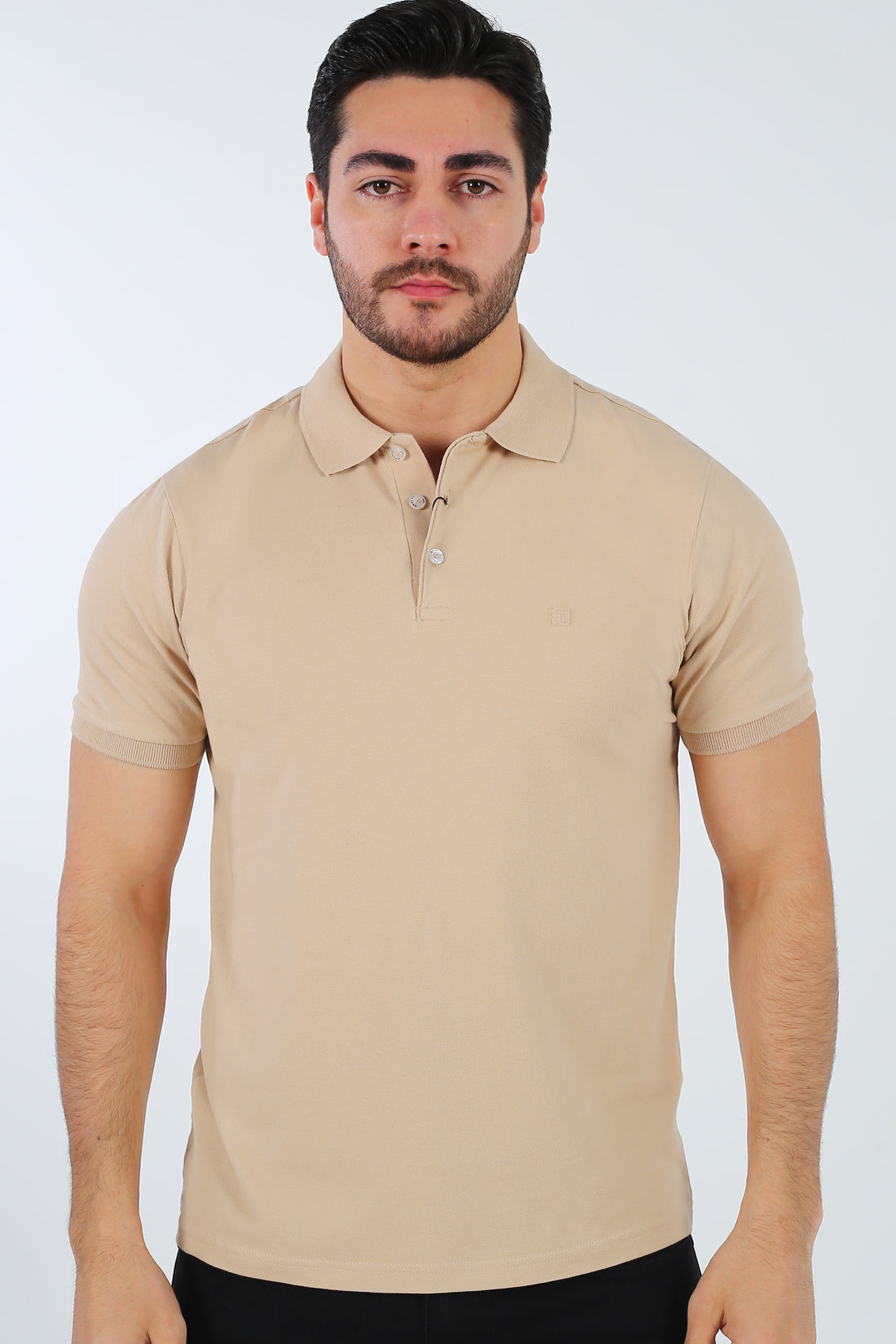 
Modern minimalist men's beige cotton pique polo shirt from an international luxury Turkish chain.
