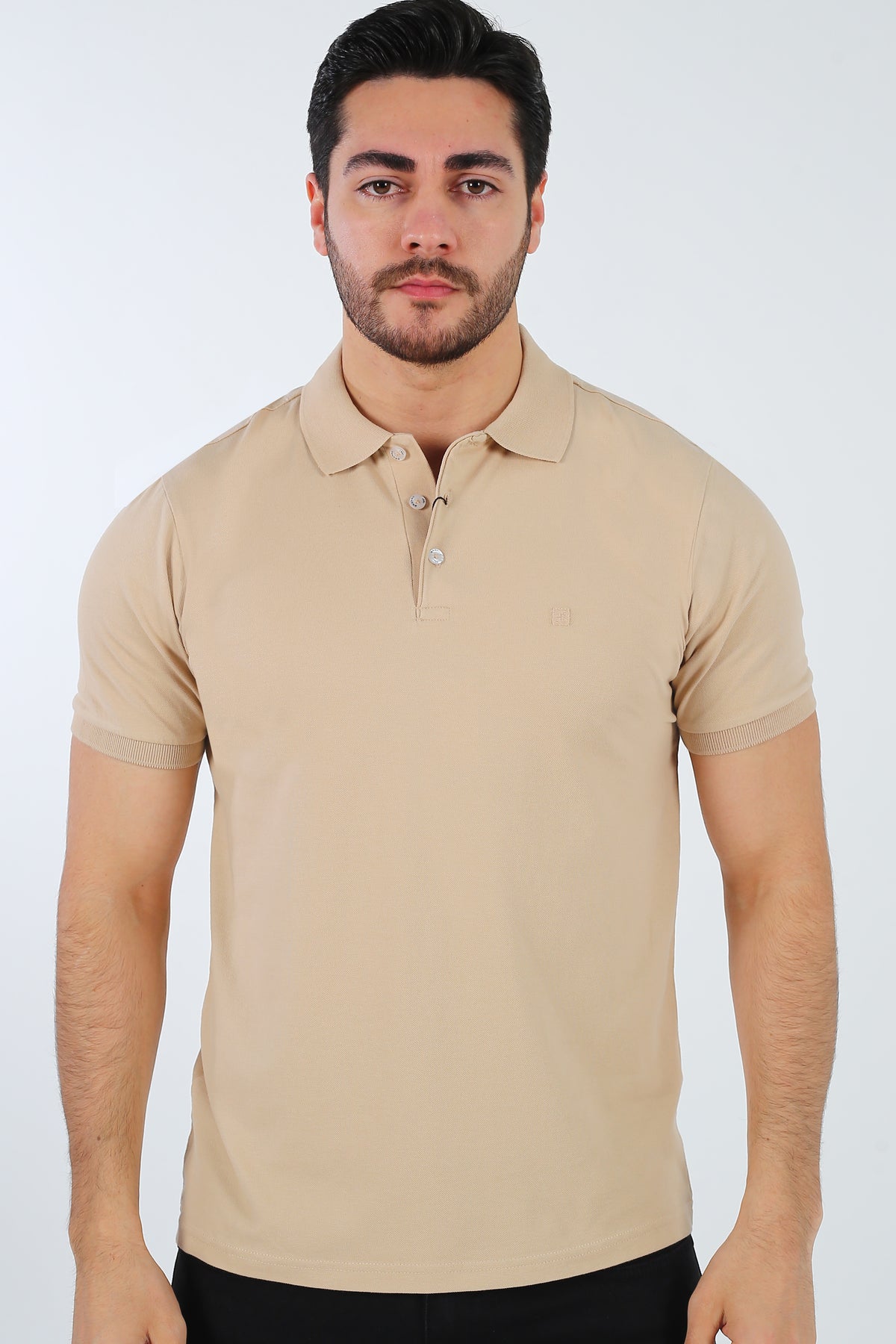 
Modern minimalist men's beige cotton pique polo shirt from an international luxury Turkish chain.