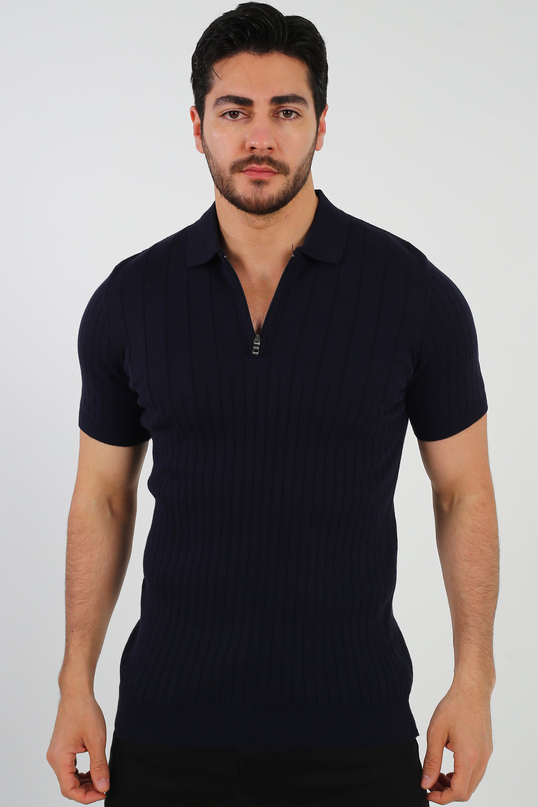Premium men's off-white ribbed zip polo shirt in a high-gauge smart casual luxury knit.